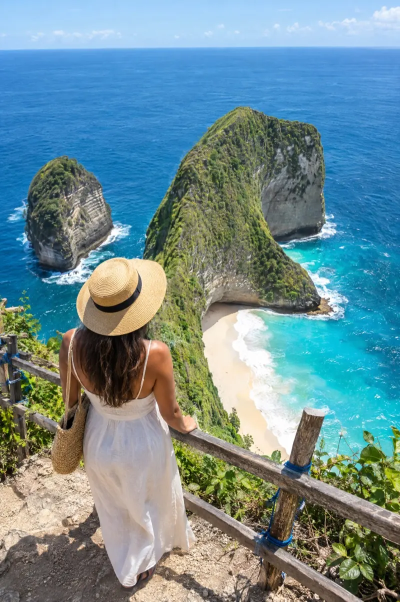 Woman in a straw hat at the Kelingking Beach viewpoint on Nusa Penida