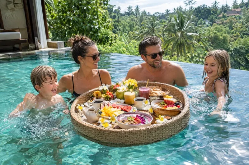 Family with a floating breakfast in their villa pool