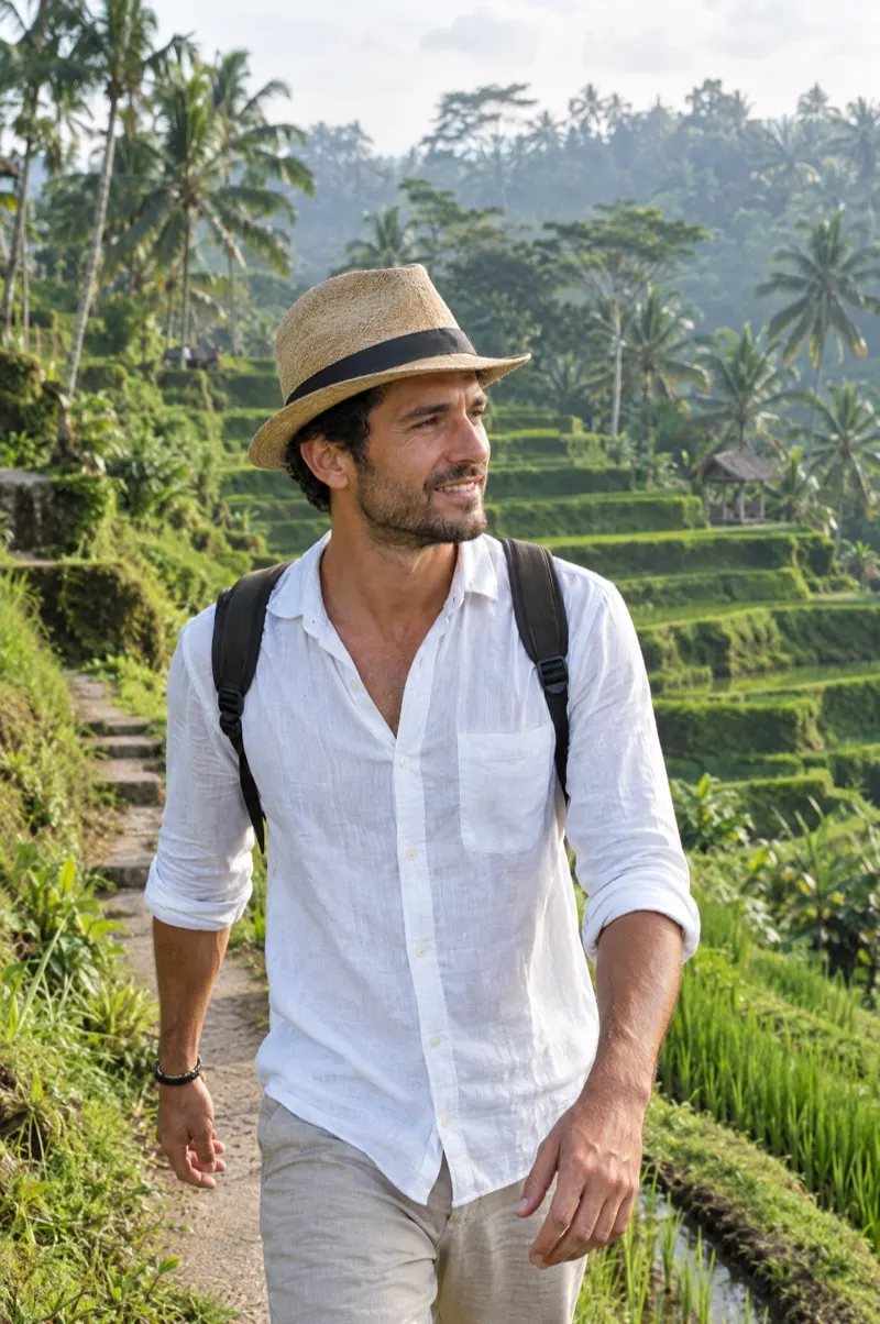Man with a straw hat in the Tegallalang rice terraces near Ubud
