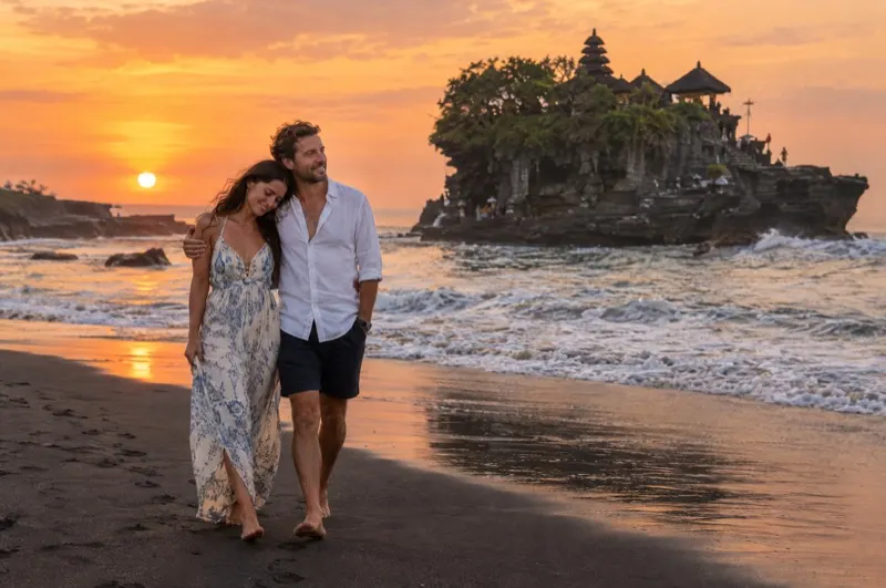 Couple photoshoot in Bali – couple on the black sand beach at Tanah Lot temple at sunset