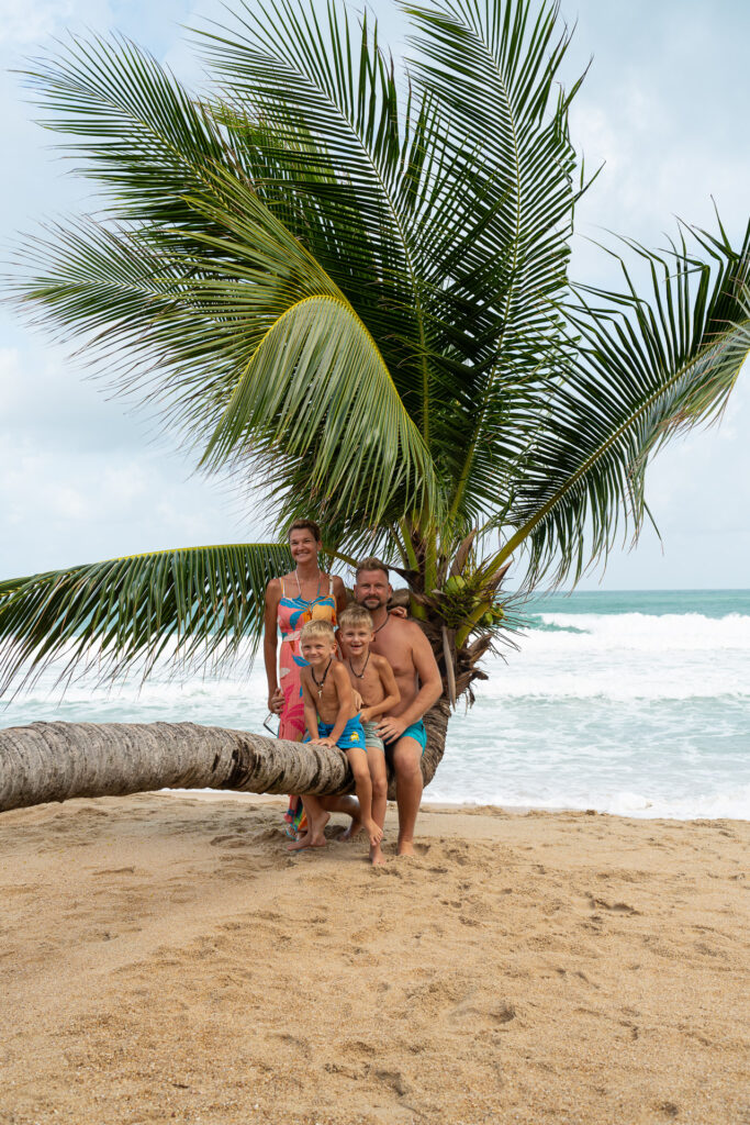 Family photo shoot in Thailand by the sea – parents and children on a palm tree