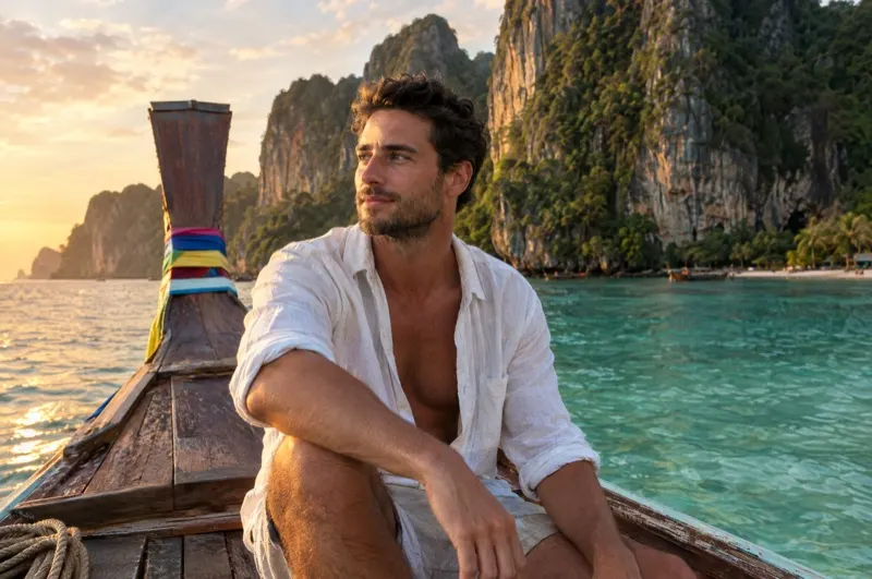 Influencer Fotoshooting in Thailand – Mann auf dem Bug eines Longtail-Boots am Railay Beach
