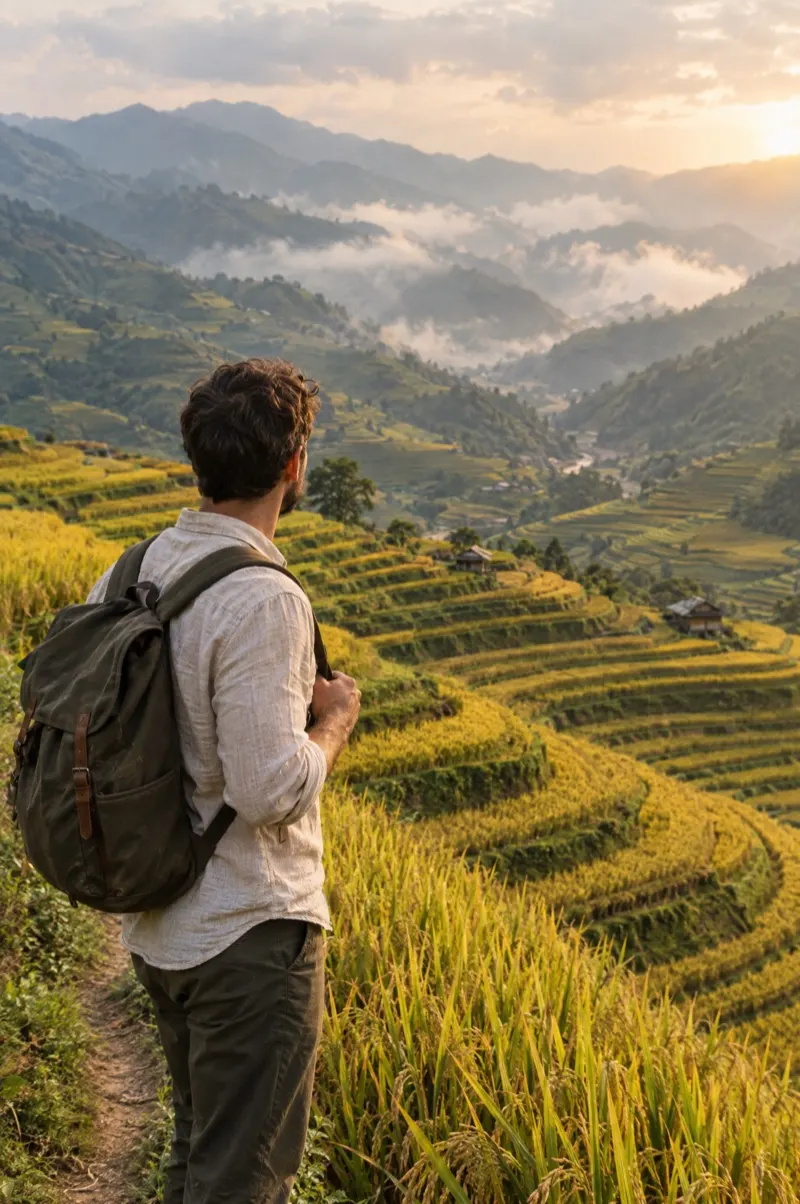 Vietnam photoshoot for travellers – man overlooking the golden rice terraces of Mu Cang Chai
