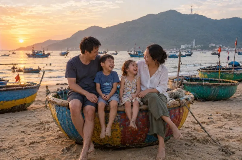 Da Nang photoshoot in the morning – family on a round basket boat in Man Thai fishing village