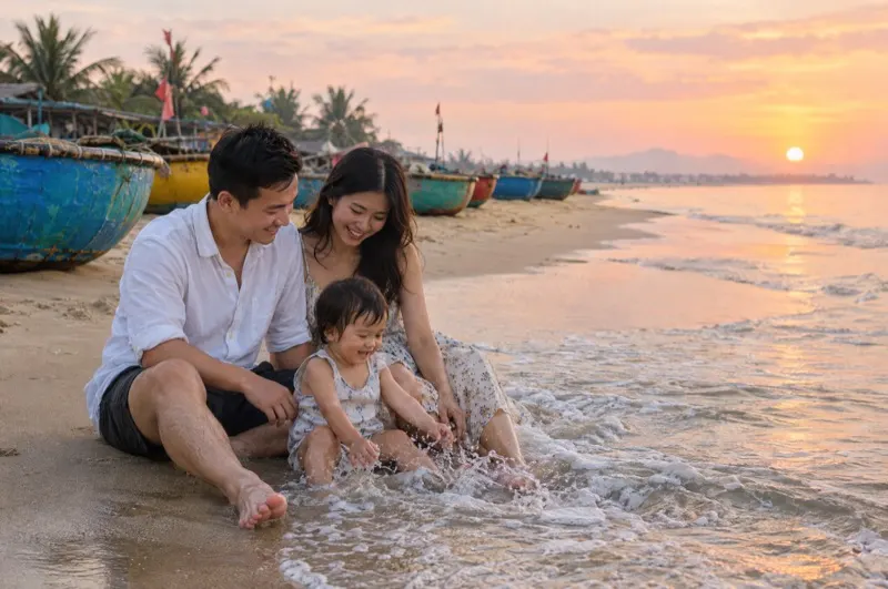 Family with toddler at sunrise on An Bang Beach with round basket boats