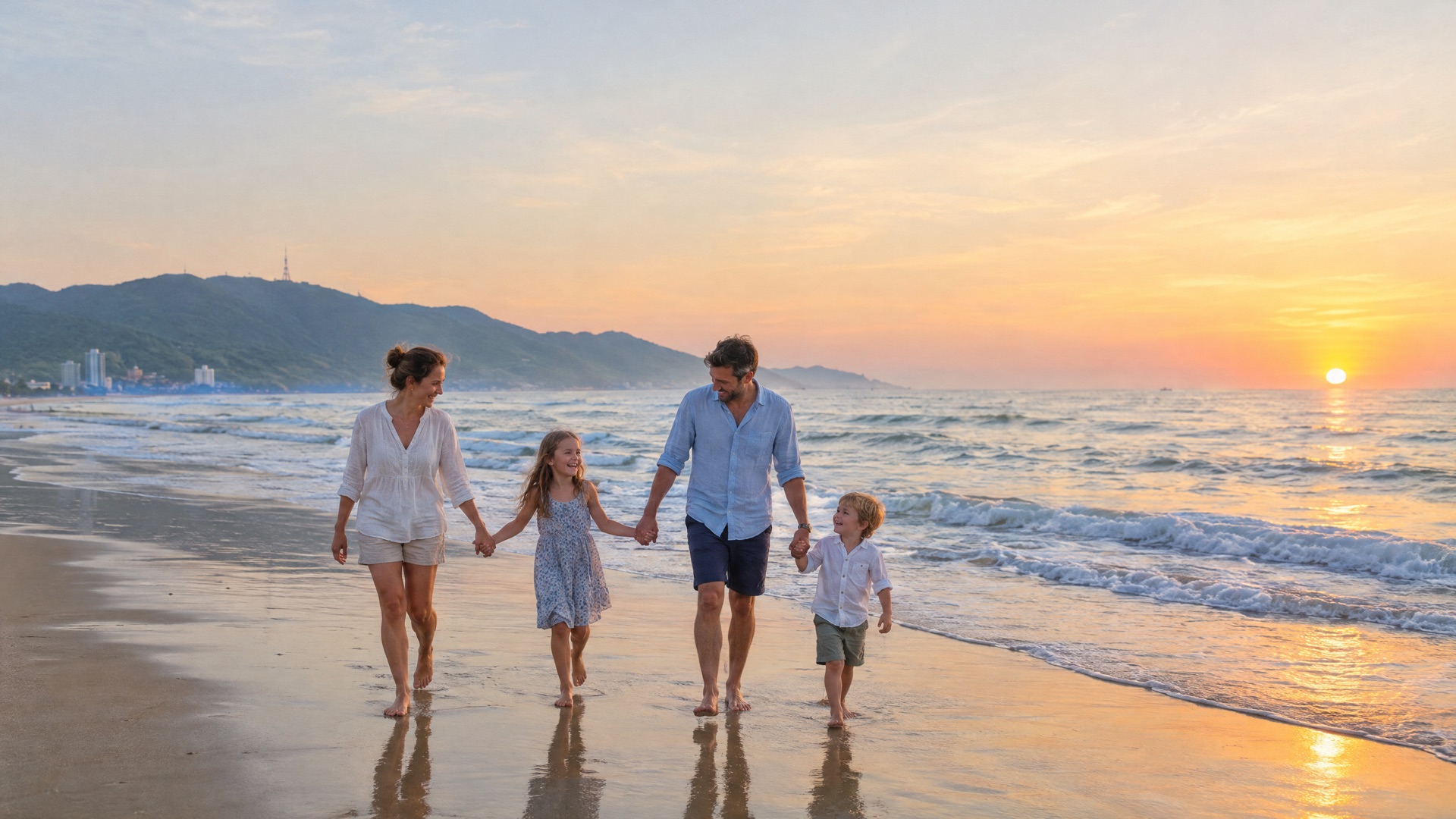 Da Nang photoshoot – family at sunrise on My Khe Beach with the Son Tra peninsula in the background