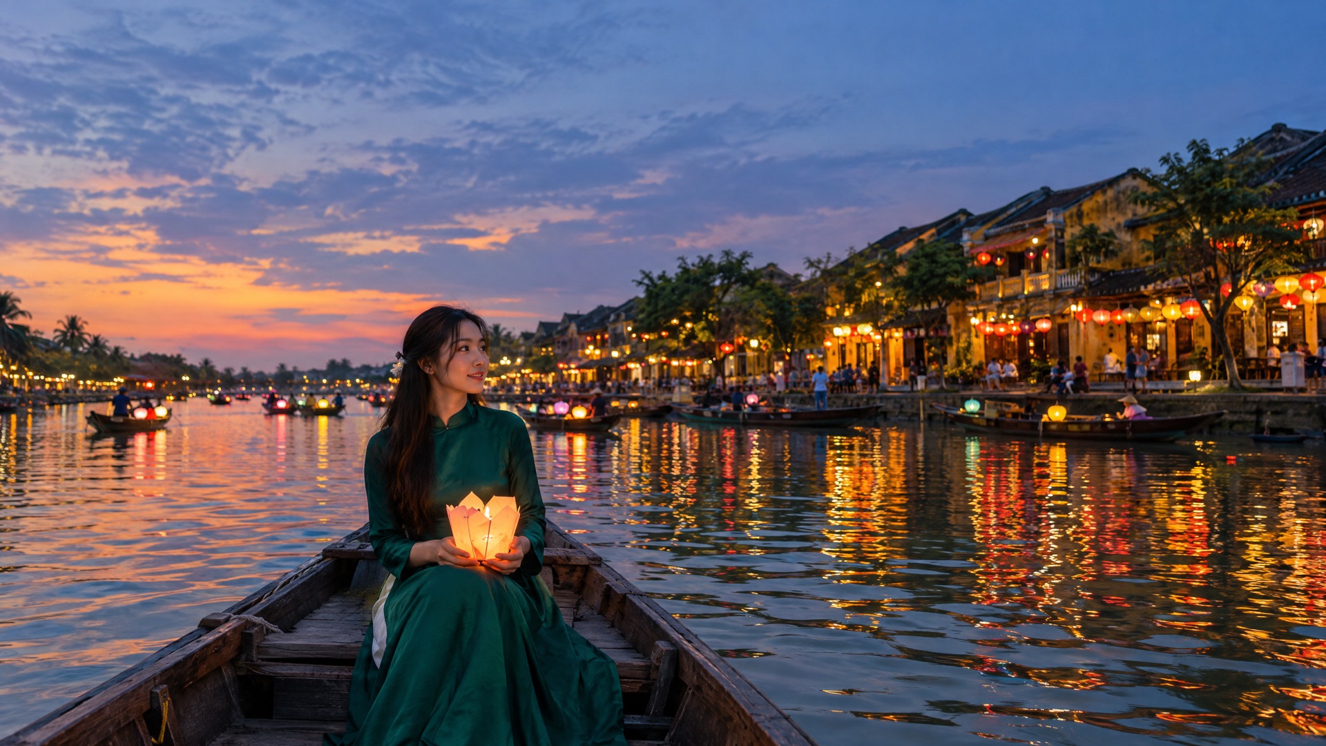 Influencer Fotoshooting Vietnam – Frau im grünen Ao Dai mit Laterne im Boot auf dem Fluss in Hoi An