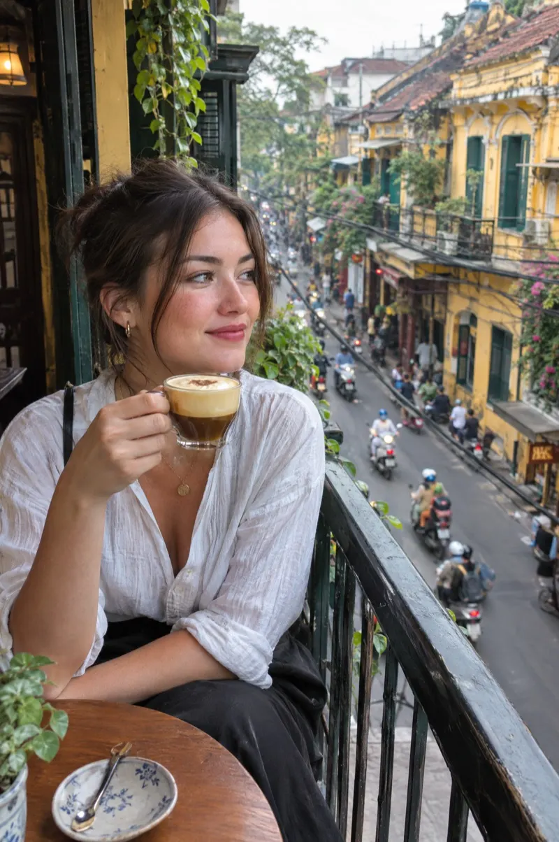 Frau mit Eierkaffee auf einem Café-Balkon in der Altstadt von Hanoi