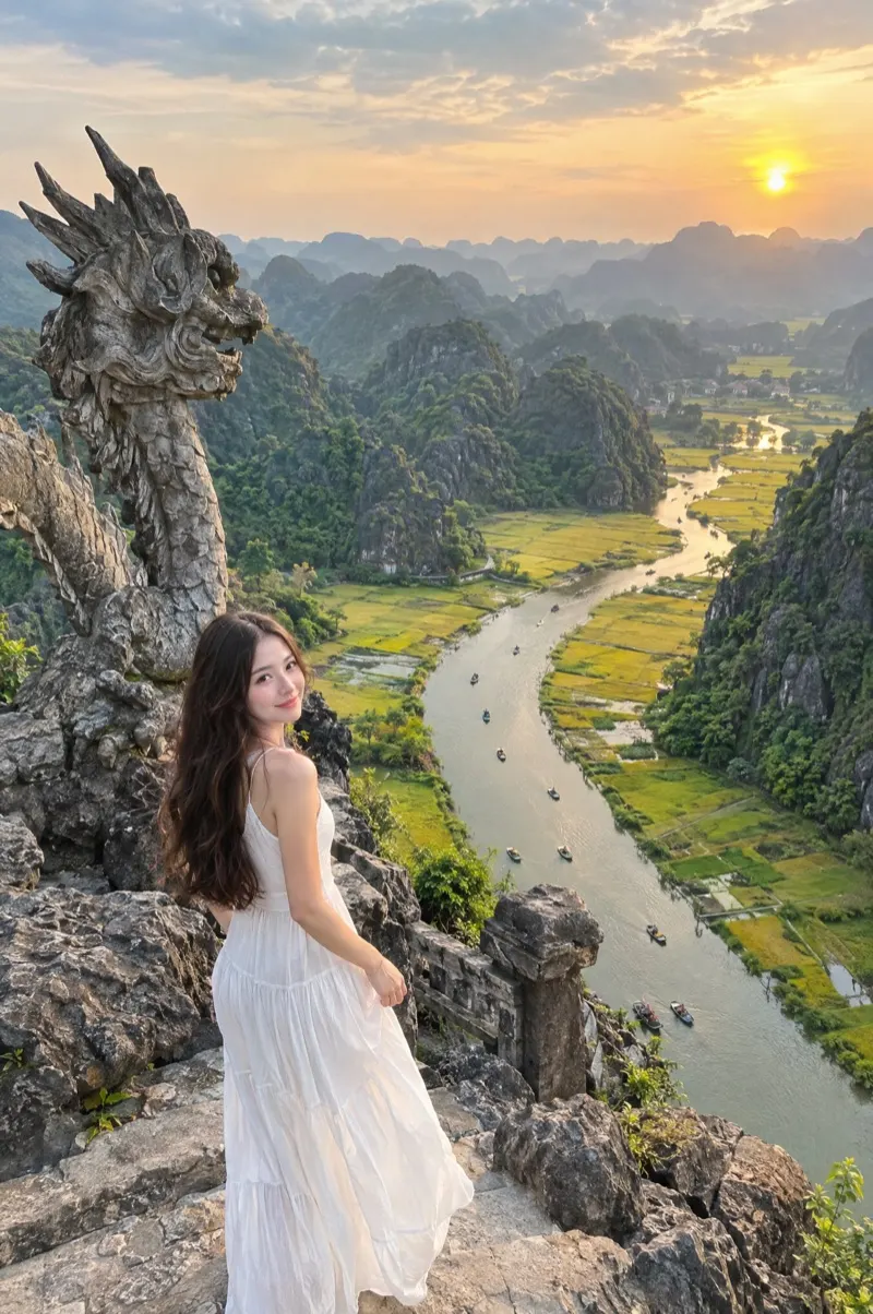Influencer Fotoshooting in Vietnam – Frau am Drachen auf dem Aussichtspunkt Hang Mua in Ninh Binh