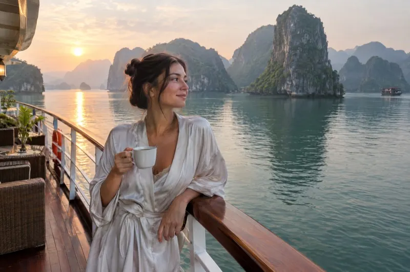 Frau mit Kaffee an Deck eines Kreuzfahrtschiffs in der Halong-Bucht bei Sonnenaufgang