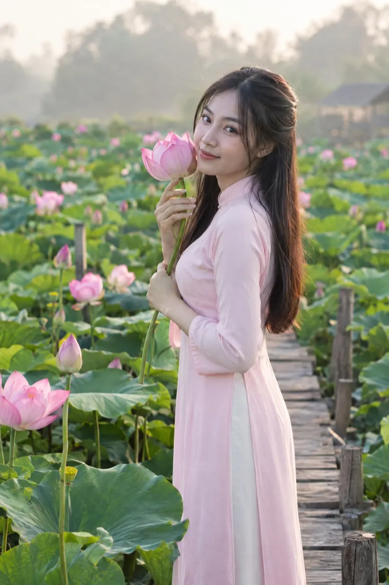 Woman in a pink ao dai holding a lotus flower in a lotus pond