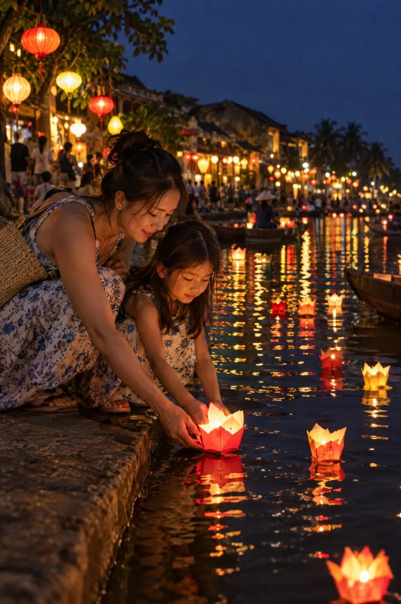 Mother and daughter placing a candle lantern on the river in Hoi An at night
