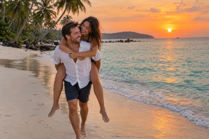 Couple photoshoot on Phu Quoc – laughing couple on a palm beach at sunset